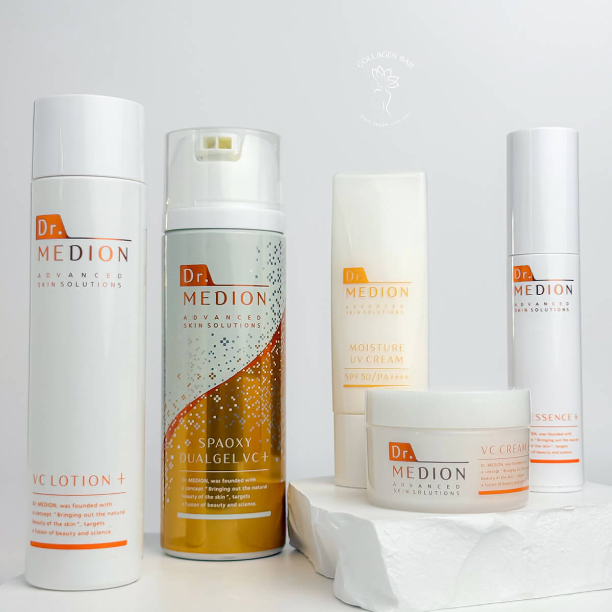 Косметика Dr. MEDION: карбокси маска, сыворотка, лосьон, крем и санскрин на одном фото вертикально